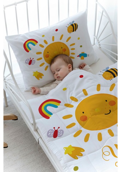 Organik Baskılı Bebek Boy (100X150) Yorgan Seti - For Baby Serisi - Gülen Pastel Güneş fiyatları