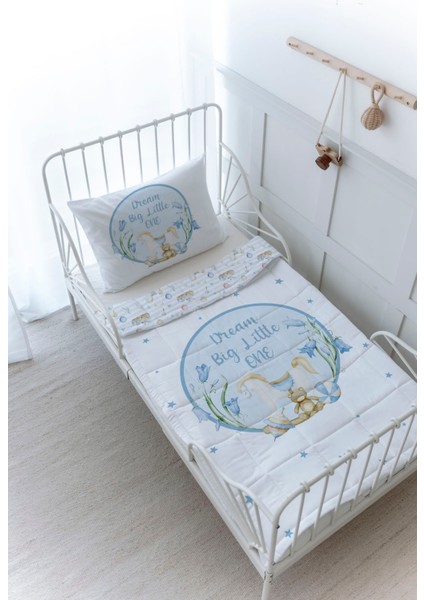 Organik Baskılı Bebek Boy (100X150) Yorgan Seti - For Baby Serisi - Mavi Sallanan At