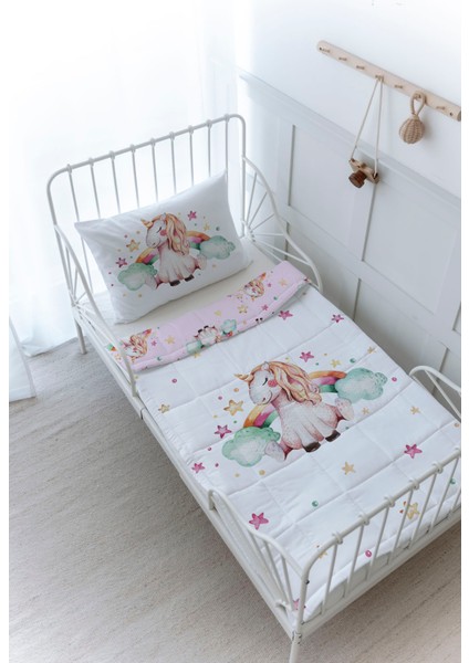 Organik Baskılı Bebek Boy (100X150) Yorgan Seti - For Baby Serisi - Gökkuşaklı Unicorn