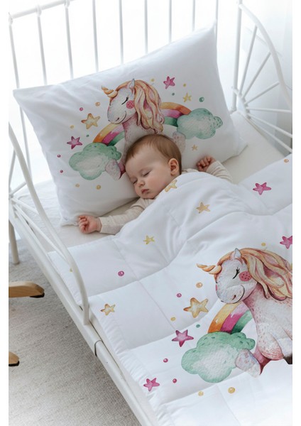 Organik Baskılı Bebek Boy (100X150) Yorgan Seti - For Baby Serisi - Gökkuşaklı Unicorn fiyatları