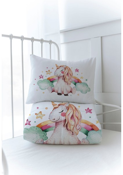 Organik Baskılı Bebek Boy (100X150) Yorgan Seti - For Baby Serisi - Gökkuşaklı Unicorn modelleri