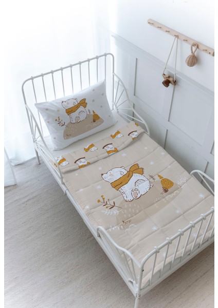 Organik Baskılı Bebek Boy (100X150) Yorgan Seti - For Baby Serisi - Kahverengi Atkılı Ayı