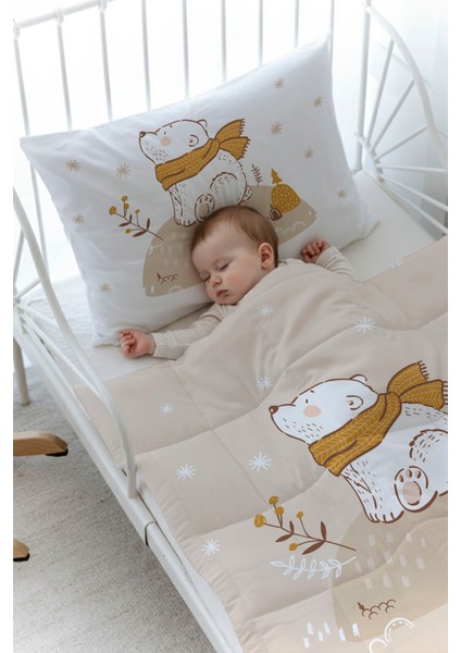 Organik Baskılı Bebek Boy (100X150) Yorgan Seti - For Baby Serisi - Kahverengi Atkılı Ayı fiyatları