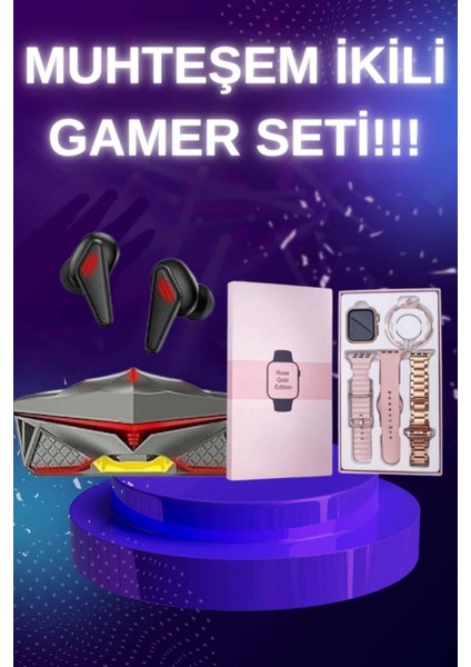 Wizard Yeni Nesil Pembe Dokunmatik Ekran Akıllı Saat ve Oyuncu Kulaklığı Kablosuz Bluetooth Kulaklık