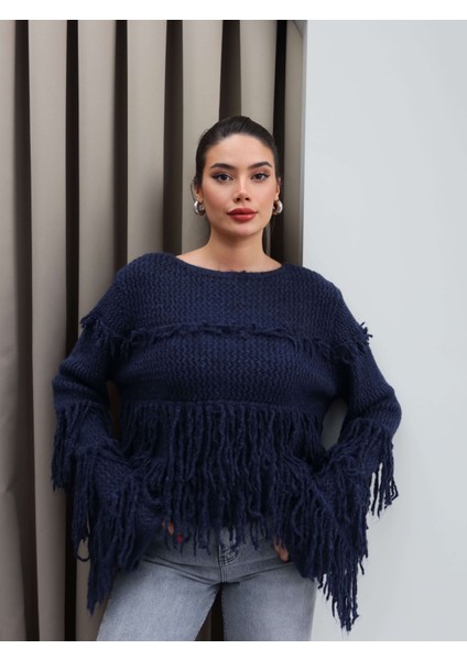 Saçaklı Salaş Örme Triko Kazak