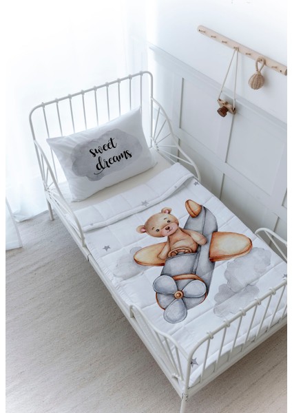 Organik Baskılı Bebek Boy (100X150) Yorgan Seti - Pure Baby Serisi - Uçan Ayı