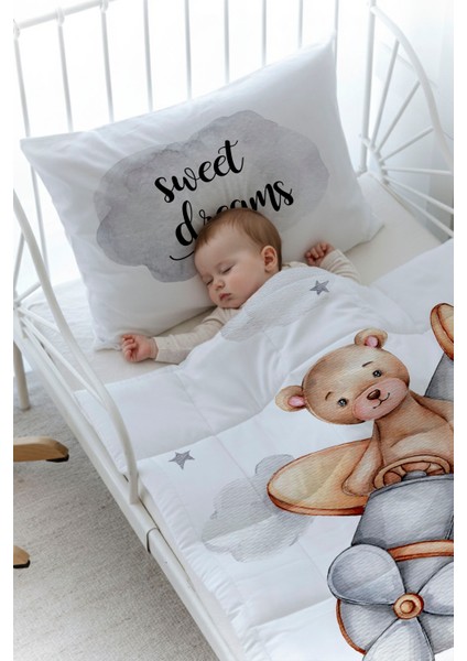 Organik Baskılı Bebek Boy (100X150) Yorgan Seti - Pure Baby Serisi - Uçan Ayı fiyatları