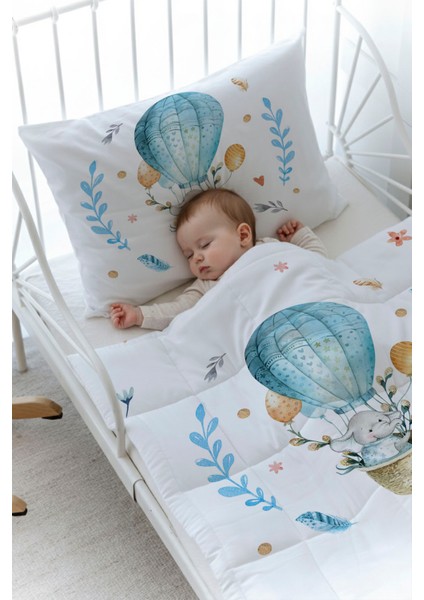 Organik Baskılı Bebek Boy (100X150) Yorgan Seti - For Baby Serisi - Mavi Balonda Fil fiyatları