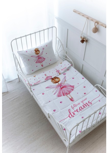 Organik Baskılı Bebek Boy (100X150) Yorgan Seti - For Baby Serisi - Topuzlu Pembe Peri