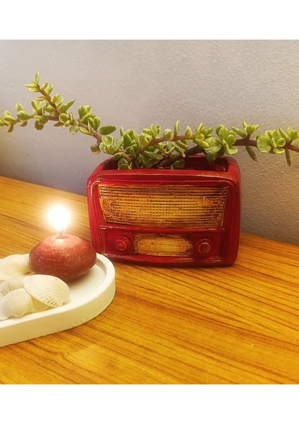 Retro Radyo Sukulent Saksısı ve Kalemlik - Masaüstü Dekoratif Organizer Kırmızı 12*8 indirimleri