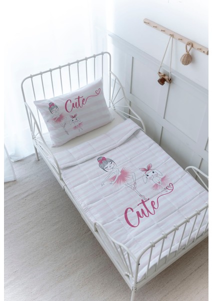 Organik Baskılı Bebek Boy (100X150) Yorgan Seti - For Baby Serisi - Balerin ve Tavşan ve Kız