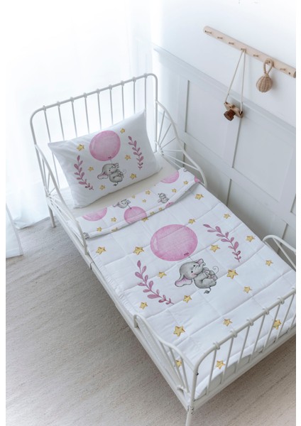 Organik Baskılı Bebek Boy (100X150) Yorgan Seti - For Baby Serisi - Pembe Büyük Balonlu Fil