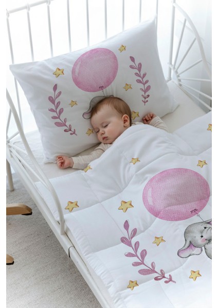 Organik Baskılı Bebek Boy (100X150) Yorgan Seti - For Baby Serisi - Pembe Büyük Balonlu Fil fiyatları