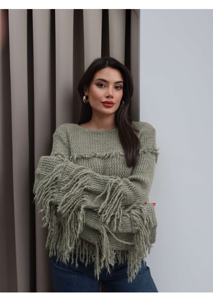 Saçaklı Salaş Örme Triko Kazak