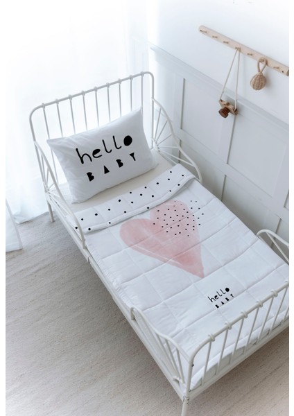 Organik Baskılı Bebek Boy (100X150) Yorgan Seti - Pure Baby Serisi - Pembe Romantik Kalp