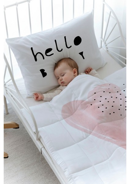 Organik Baskılı Bebek Boy (100X150) Yorgan Seti - Pure Baby Serisi - Pembe Romantik Kalp fiyatları