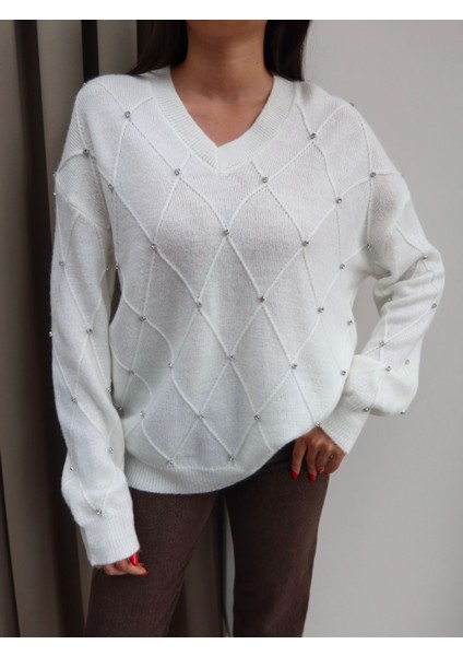 V Yaka Taşlı Triko Kazak modelleri