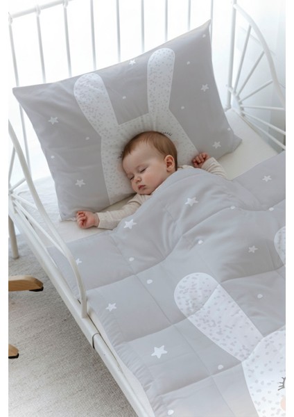 Organik Baskılı Bebek Boy (100X150) Yorgan Seti - Pure Baby Serisi - Gri Zeminli Beyaz Tavşan fiyatları