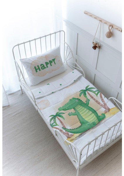 Organik Baskılı Bebek Boy (100X150) Yorgan Seti - Pure Baby Serisi - Sevimli Timsah
