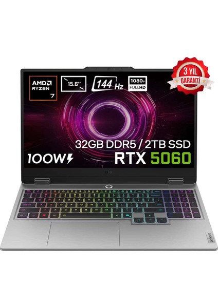 LOQ 15AHP10 AMD Ryzen 7-250 32GB DDR5 2TB SSD RTX 5060 8GB 100W 15.6 inç Full HD 144Hz IPS FreeDos Gaming Laptop (83JG006ETRv5)