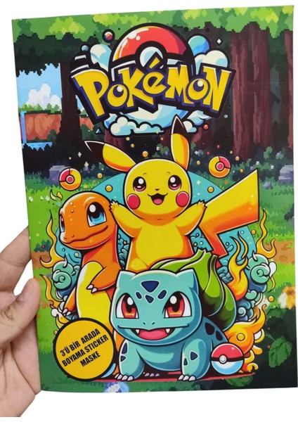 Boyama Kitabı 3’ü 1 Arada Set | Sticker Sayfası + Pokemon Maske + 16 Boyama Bölümü