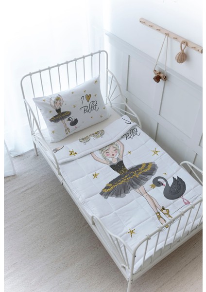 Organik Baskılı Bebek Boy (100X150) Yorgan Seti - For Baby Serisi - Siyah Kuğulu Balerin