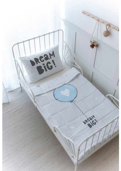 Organik Baskılı Bebek Boy (100X150) Yorgan Seti - Pure Baby Serisi - Mavi Kalpli Balon