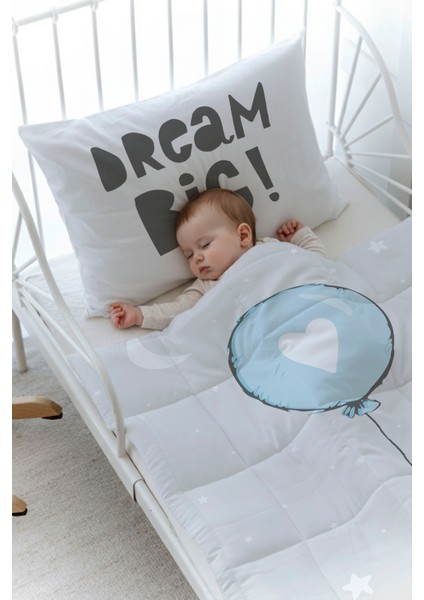 Organik Baskılı Bebek Boy (100X150) Yorgan Seti - Pure Baby Serisi - Mavi Kalpli Balon fiyatları