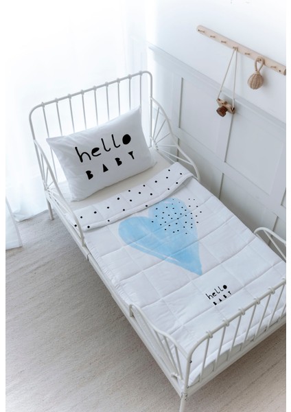 Organik Baskılı Bebek Boy (100X150) Yorgan Seti - Pure Baby Serisi - Mavi Romantik Kalp