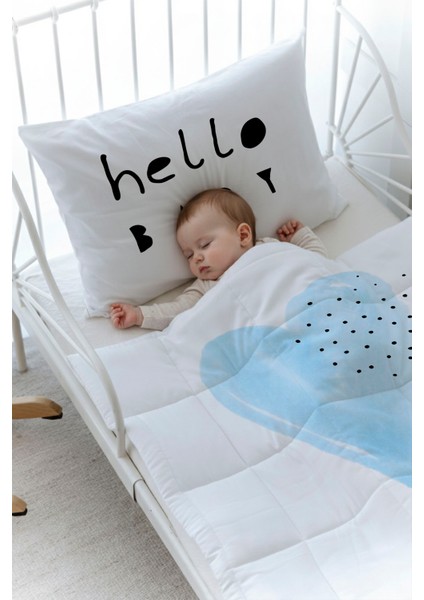 Organik Baskılı Bebek Boy (100X150) Yorgan Seti - Pure Baby Serisi - Mavi Romantik Kalp fiyatları