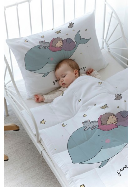 Organik Baskılı Bebek Boy (100X150) Yorgan Seti - Pure Baby Serisi - Balina ve Çocuk fiyatları