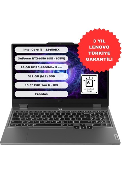 Loq 15IAX9 Intel Core I5 12450HX 24GB 512GB SSD RTX4050 Freedos 15.6" Fhd 83GS00QGTR