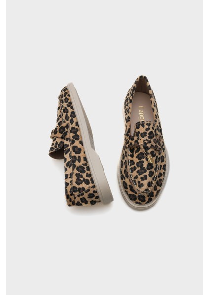 Kadın Leopar Desenli Düz Taban Loafer Ayakkabı