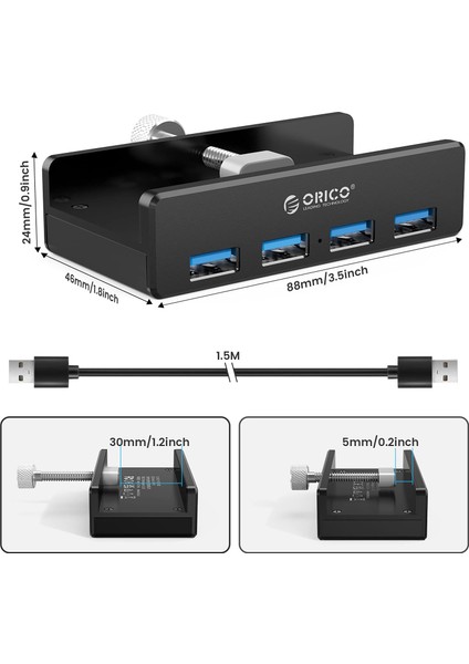 MH4PU-P 4x USB 3.0, Güç Girişli, Alüminyum, Masa ve Monitör Ayarlı, Kolay Kullanım USB Hub - Siyah