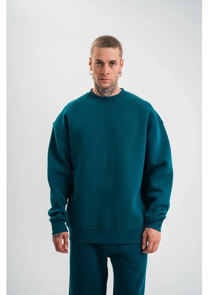 Uzun Kol Bisiklet Yaka Basic Sweatshirt - Koyu Deniz Yeşili