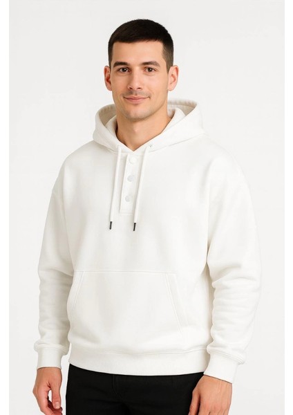 Erkek Ovarsize Kapüşonlu Swetshirt Kanguru Çepli Cıtcıtlı 3 Iplik Şardonlu Hoodie - Beyaz fiyatları