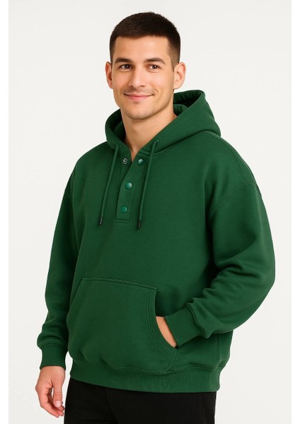 Erkek Ovarsize Kapüşonlu Swetshirt Kanguru Çepli Cıtcıtlı 3 Iplik Şardonlu Hoodie - Haki