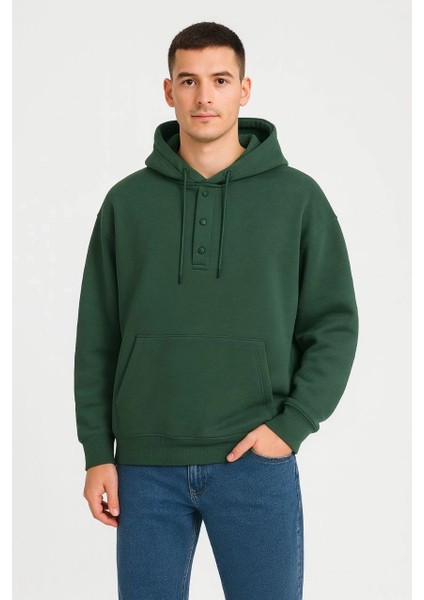 Erkek Ovarsize Kapüşonlu Swetshirt Kanguru Çepli Cıtcıtlı 3 Iplik Şardonlu Hoodie - Haki modelleri