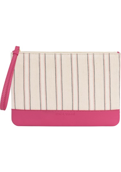 Defne - Pembe Deri Çizgili Dokuma Kumaş Portföy
