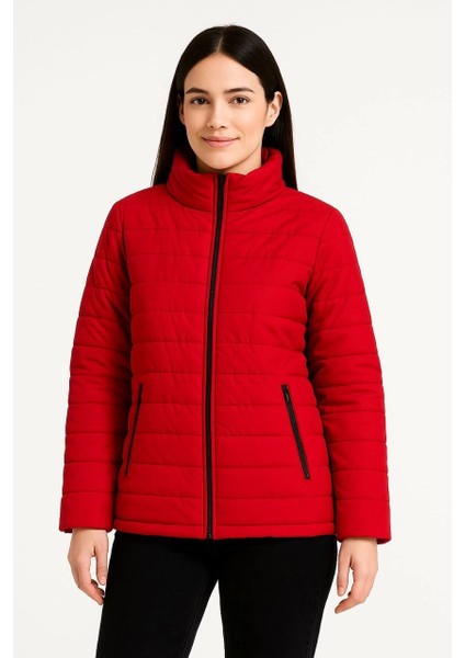 Kadın Bomber Mont Ceket – Su Itici Kumaş, Kapitone Astarlı, Fermuarlı, Kışlık - Kırmızı indirimleri