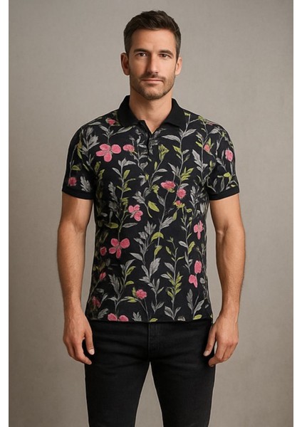 Erkek Polo Yaka Çiçek Desenli Kontrast Yaka Slim Fit Tişört