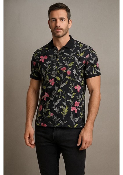 Erkek Polo Yaka Çiçek Desenli Kontrast Yaka Slim Fit Tişört fiyatları