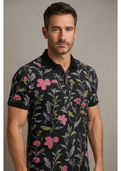 Erkek Polo Yaka Çiçek Desenli Kontrast Yaka Slim Fit Tişört fırsatları