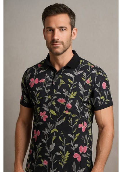 Erkek Polo Yaka Çiçek Desenli Kontrast Yaka Slim Fit Tişört modelleri