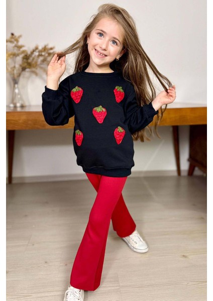 Kız Çocuk Üzeri Çilek Figürlü 3 Iplik Kazak Bol Kesim Skuba Kumaş Kırmızı Alt Üst Takım