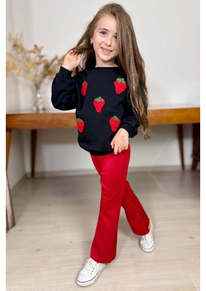 Kız Çocuk Üzeri Çilek Figürlü 3 Iplik Kazak Bol Kesim Skuba Kumaş Kırmızı Alt Üst Takım fiyatları