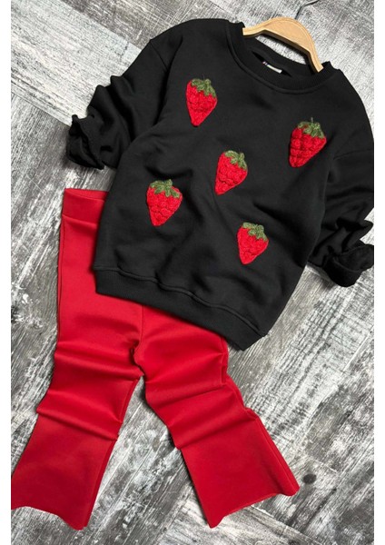 Kız Çocuk Üzeri Çilek Figürlü 3 Iplik Kazak Bol Kesim Skuba Kumaş Kırmızı Alt Üst Takım modelleri