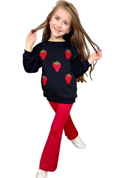 Kız Çocuk Üzeri Çilek Figürlü 3 Iplik Kazak Bol Kesim Skuba Kumaş Kırmızı Alt Üst Takım fırsatları