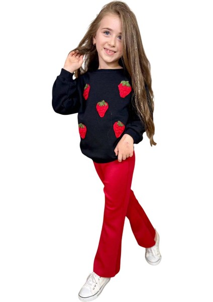 Kız Çocuk Üzeri Çilek Figürlü 3 Iplik Kazak Bol Kesim Skuba Kumaş Kırmızı Alt Üst Takım indirimleri