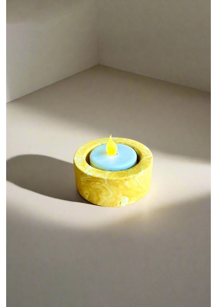 Dekoratif Sarı Mermer Desenli Beton Şamdan | El Yapımı Tealight Mumluk 3 Adet